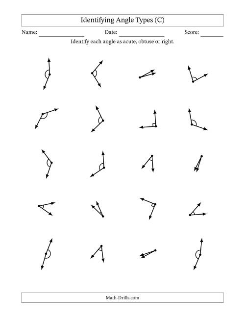 The Identifying Acute, Obtuse And Right Angles With Angle Marks (C) Math Worksheet