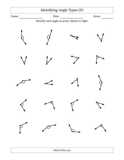 The Identifying Acute, Obtuse And Right Angles With Angle Marks (D) Math Worksheet