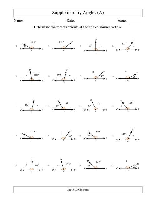 The Supplementary Angle Relationships (A) Math Worksheet
