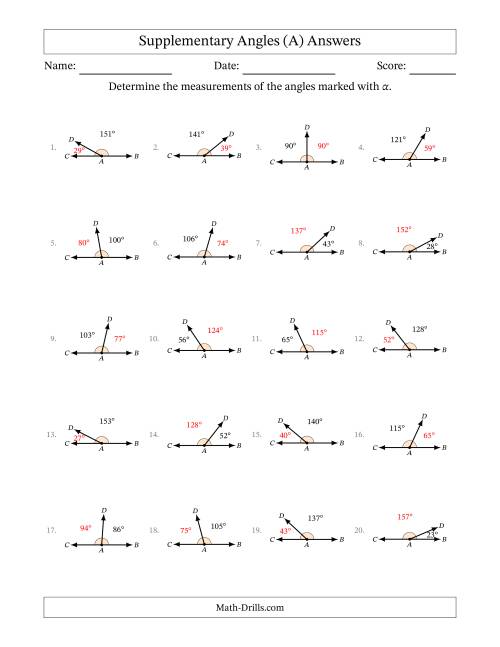 The Supplementary Angle Relationships (A) Math Worksheet Page 2