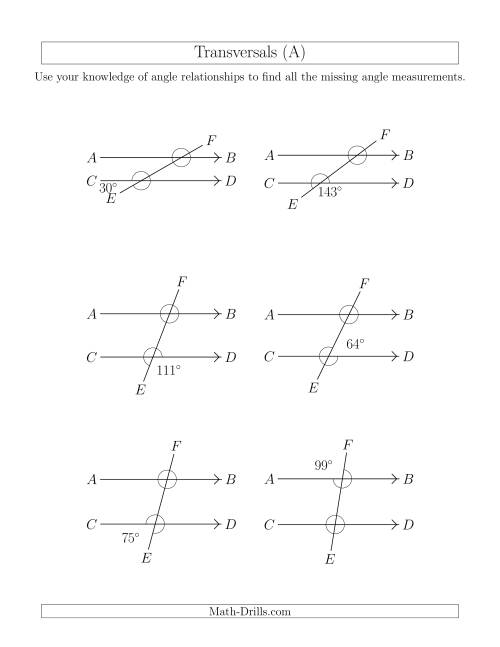 The Angle Relationships in Transversals (A) Math Worksheet