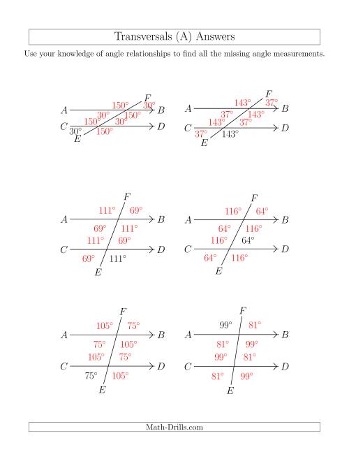 The Angle Relationships in Transversals (A) Math Worksheet Page 2