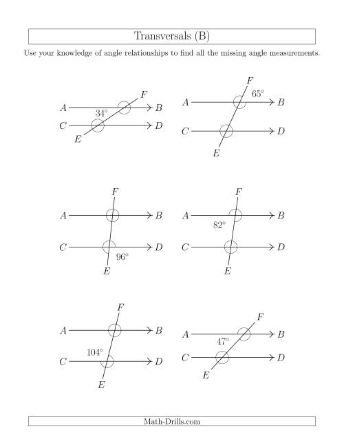 The Angle Relationships in Transversals (B) Math Worksheet