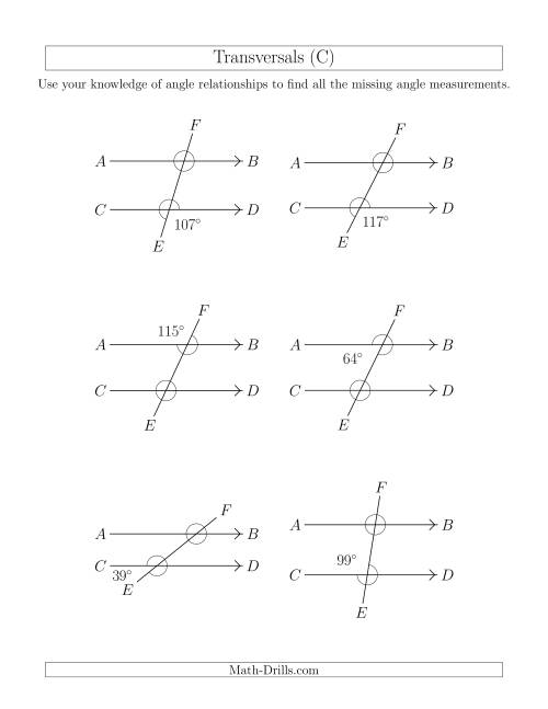 The Angle Relationships in Transversals (C) Math Worksheet