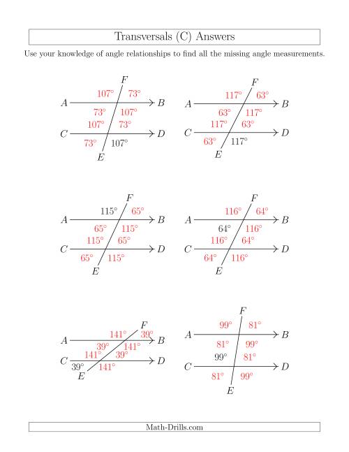 The Angle Relationships in Transversals (C) Math Worksheet Page 2