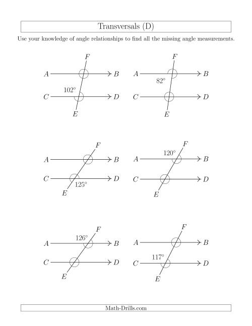 The Angle Relationships in Transversals (D) Math Worksheet