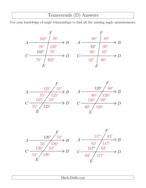 The Angle Relationships in Transversals (D) Math Worksheet Page 2