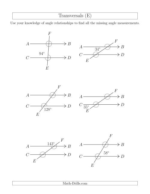 The Angle Relationships in Transversals (E) Math Worksheet