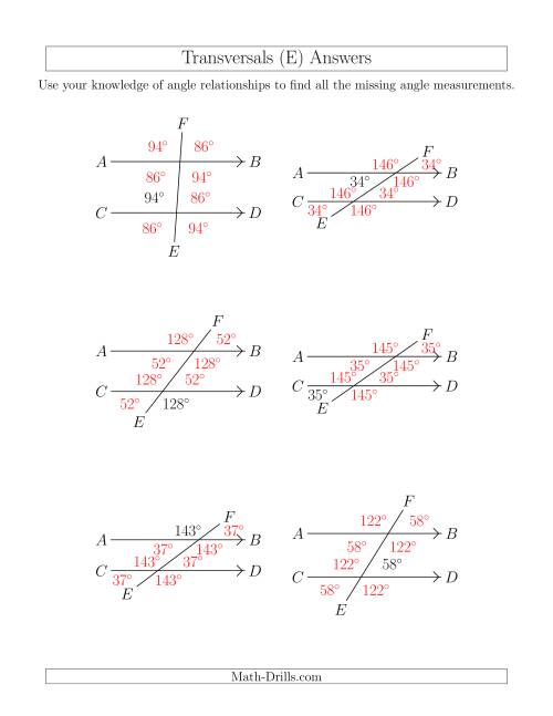 The Angle Relationships in Transversals (E) Math Worksheet Page 2