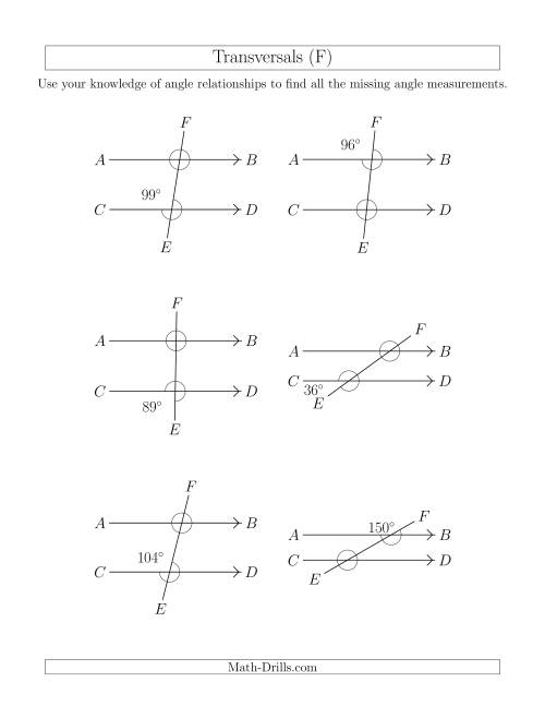 The Angle Relationships in Transversals (F) Math Worksheet