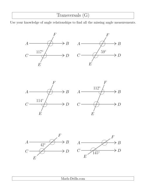 The Angle Relationships in Transversals (G) Math Worksheet
