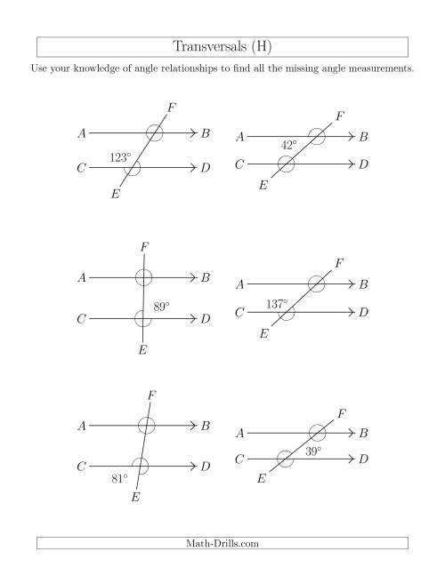 The Angle Relationships in Transversals (H) Math Worksheet