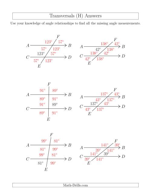 The Angle Relationships in Transversals (H) Math Worksheet Page 2