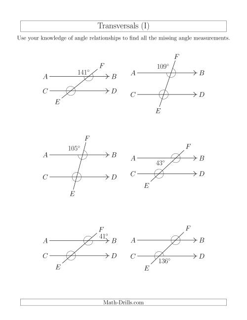 The Angle Relationships in Transversals (I) Math Worksheet