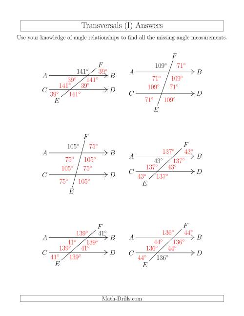 The Angle Relationships in Transversals (I) Math Worksheet Page 2