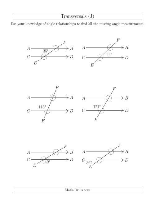 The Angle Relationships in Transversals (J) Math Worksheet
