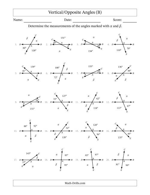 The Vertical/Opposite Angle Relationships (B) Math Worksheet