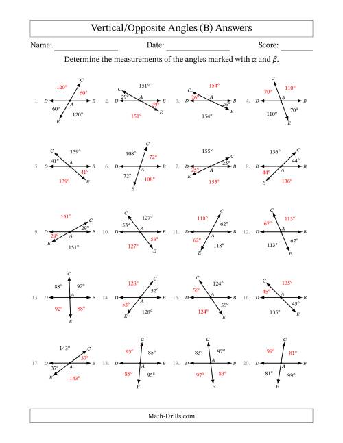 The Vertical/Opposite Angle Relationships (B) Math Worksheet Page 2