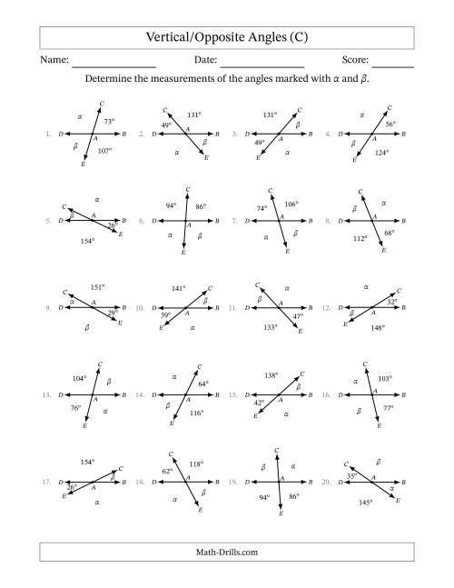 The Vertical/Opposite Angle Relationships (C) Math Worksheet