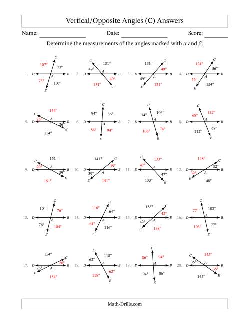 The Vertical/Opposite Angle Relationships (C) Math Worksheet Page 2