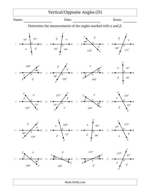 The Vertical/Opposite Angle Relationships (D) Math Worksheet