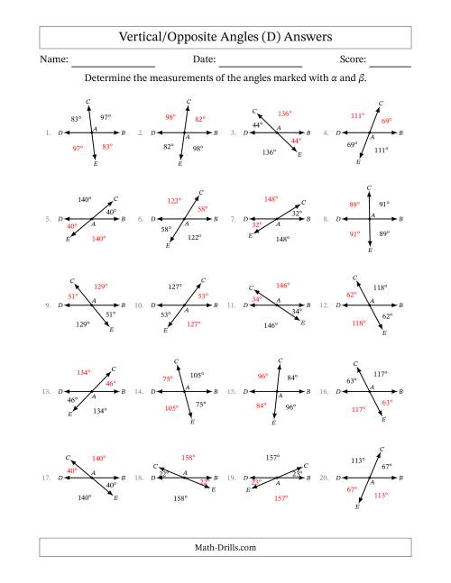 The Vertical/Opposite Angle Relationships (D) Math Worksheet Page 2