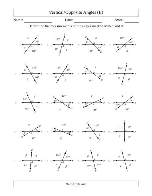 The Vertical/Opposite Angle Relationships (E) Math Worksheet