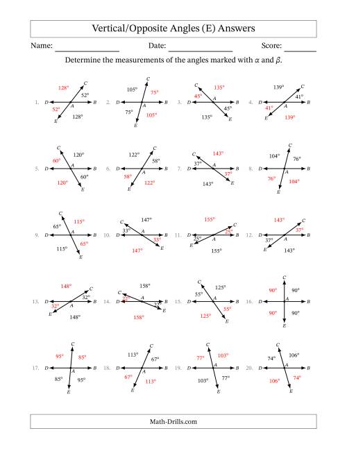 The Vertical/Opposite Angle Relationships (E) Math Worksheet Page 2