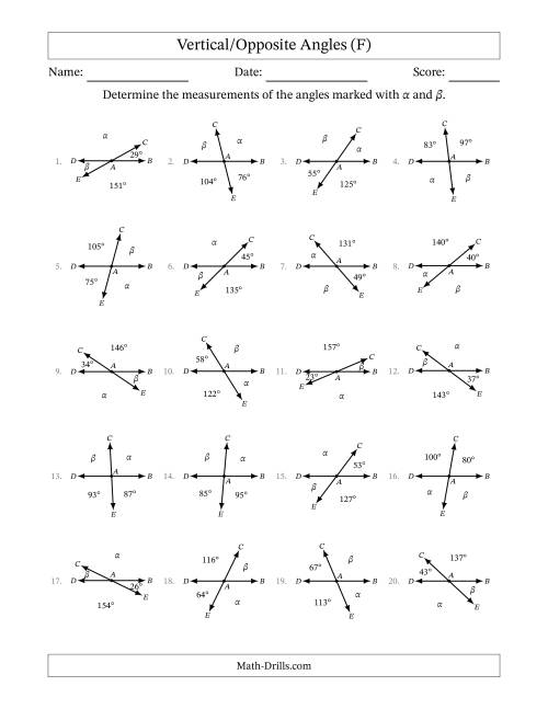 The Vertical/Opposite Angle Relationships (F) Math Worksheet