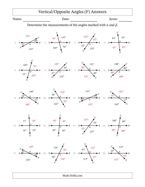 The Vertical/Opposite Angle Relationships (F) Math Worksheet Page 2