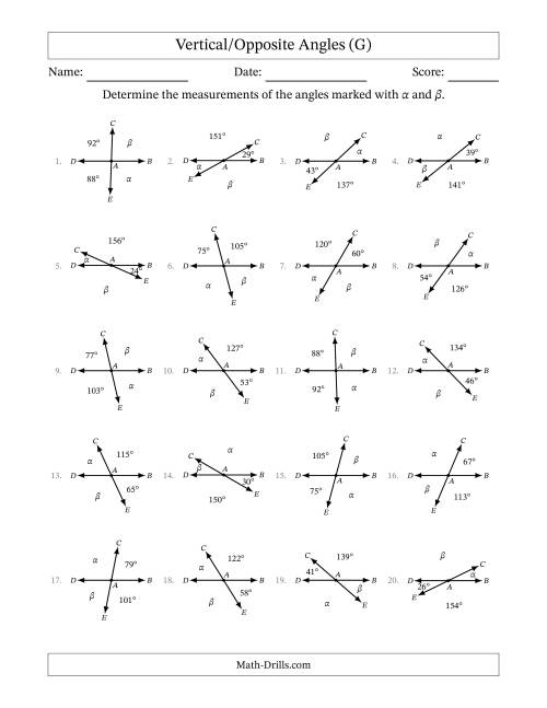 The Vertical/Opposite Angle Relationships (G) Math Worksheet