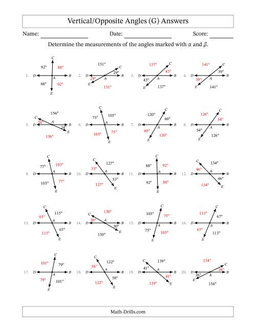 The Vertical/Opposite Angle Relationships (G) Math Worksheet Page 2