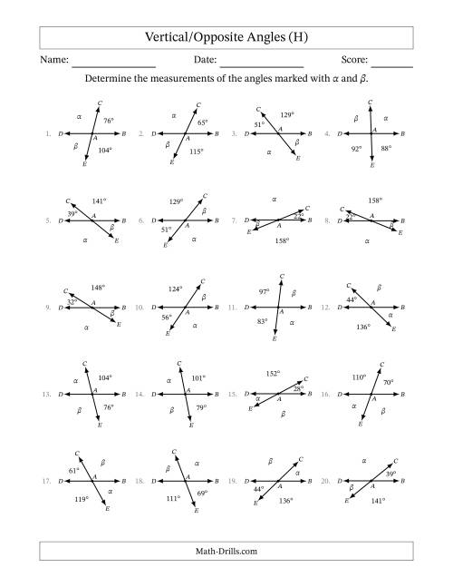 The Vertical/Opposite Angle Relationships (H) Math Worksheet