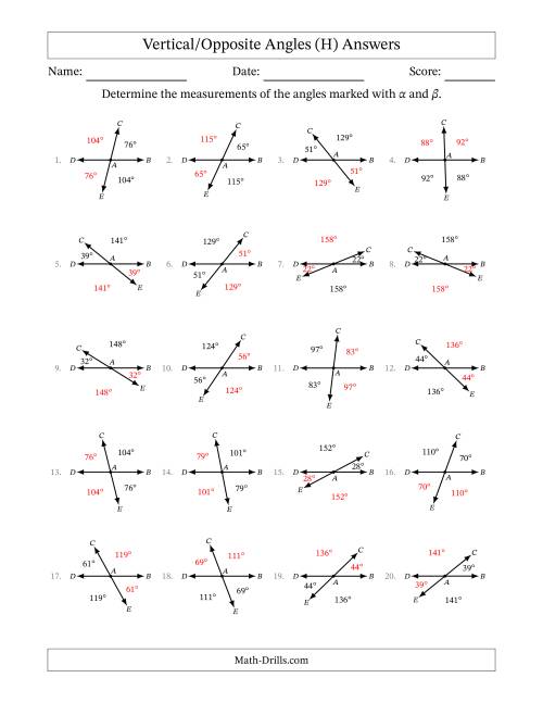 The Vertical/Opposite Angle Relationships (H) Math Worksheet Page 2