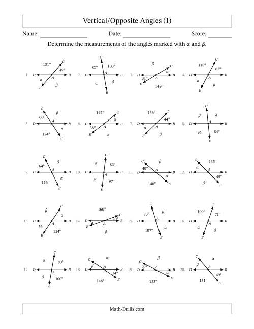 The Vertical/Opposite Angle Relationships (I) Math Worksheet