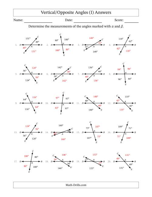 The Vertical/Opposite Angle Relationships (I) Math Worksheet Page 2