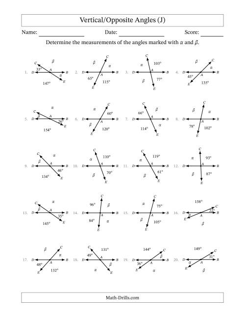 The Vertical/Opposite Angle Relationships (J) Math Worksheet