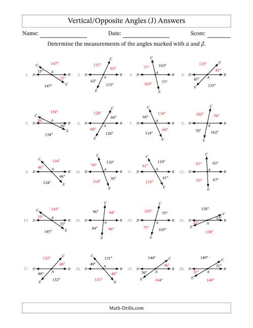 The Vertical/Opposite Angle Relationships (J) Math Worksheet Page 2