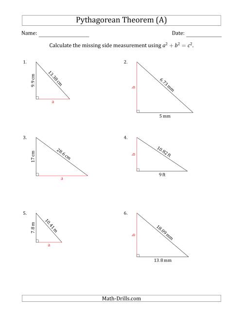 The Calculate a Cathetus Using Pythagorean Theorem (No Rotation) (A) Math Worksheet
