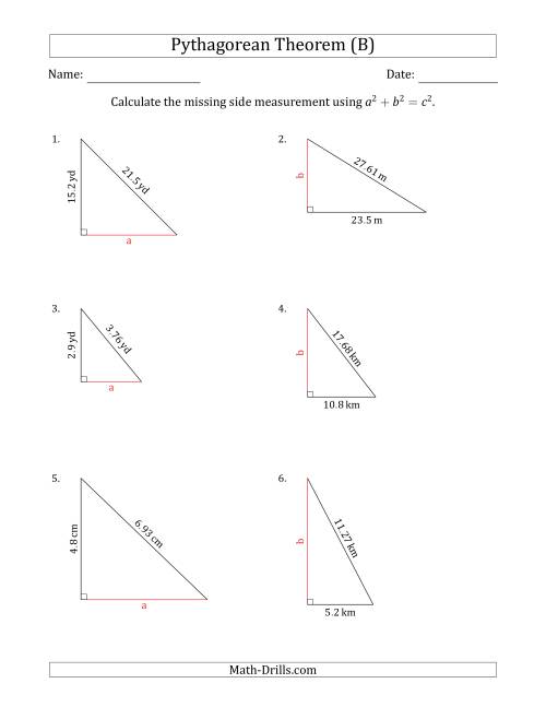 The Calculate a Cathetus Using Pythagorean Theorem (No Rotation) (B) Math Worksheet