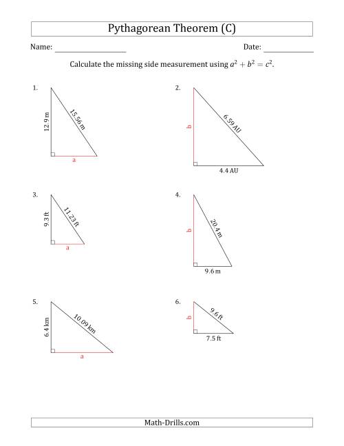 The Calculate a Cathetus Using Pythagorean Theorem (No Rotation) (C) Math Worksheet