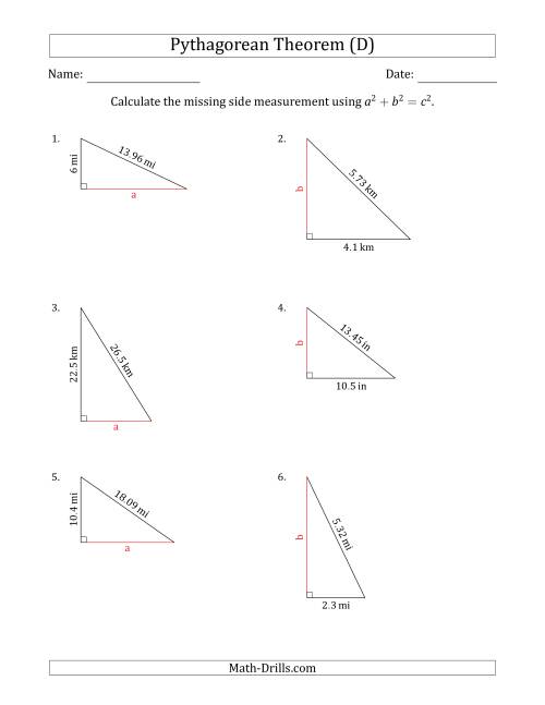 The Calculate a Cathetus Using Pythagorean Theorem (No Rotation) (D) Math Worksheet