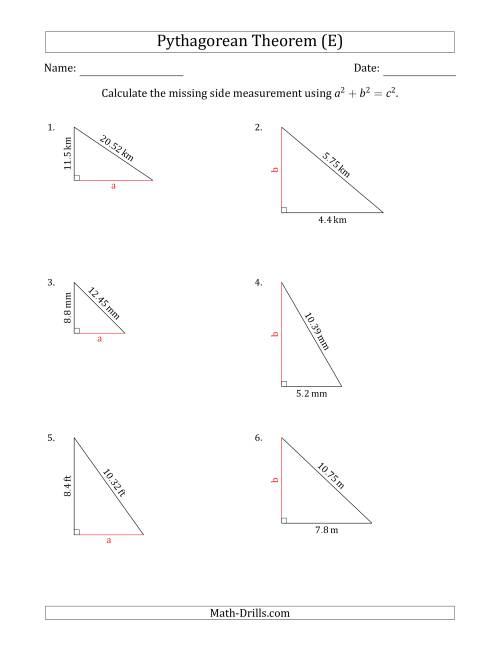 The Calculate a Cathetus Using Pythagorean Theorem (No Rotation) (E) Math Worksheet