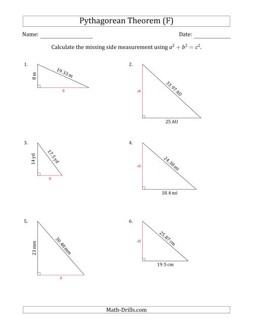 The Calculate a Cathetus Using Pythagorean Theorem (No Rotation) (F) Math Worksheet