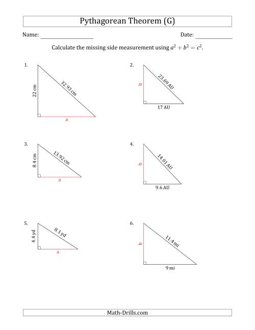 The Calculate a Cathetus Using Pythagorean Theorem (No Rotation) (G) Math Worksheet