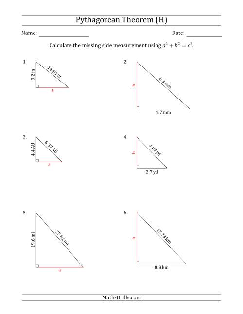 The Calculate a Cathetus Using Pythagorean Theorem (No Rotation) (H) Math Worksheet