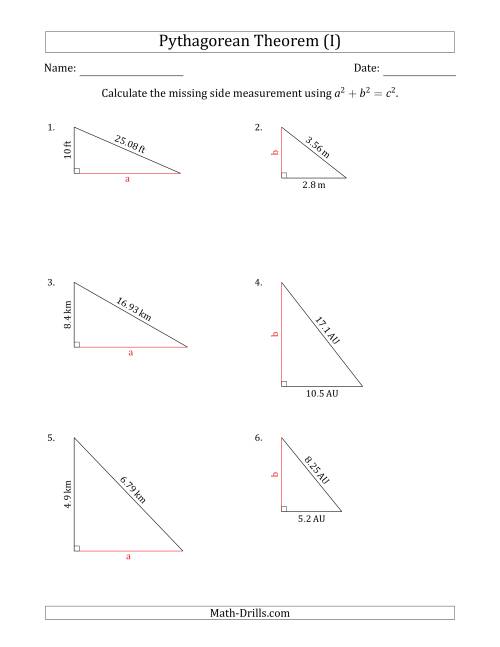 The Calculate a Cathetus Using Pythagorean Theorem (No Rotation) (I) Math Worksheet