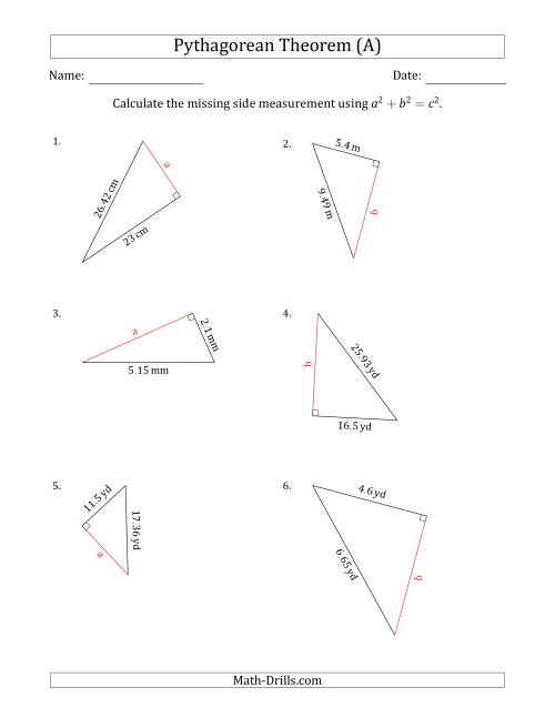 The Calculate a Cathetus Using Pythagorean Theorem (A) Math Worksheet