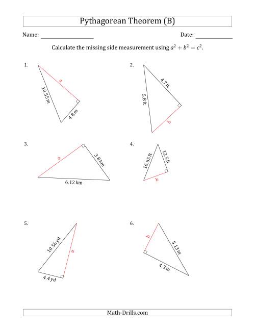 The Calculate a Cathetus Using Pythagorean Theorem (B) Math Worksheet
