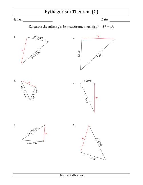 The Calculate a Cathetus Using Pythagorean Theorem (C) Math Worksheet